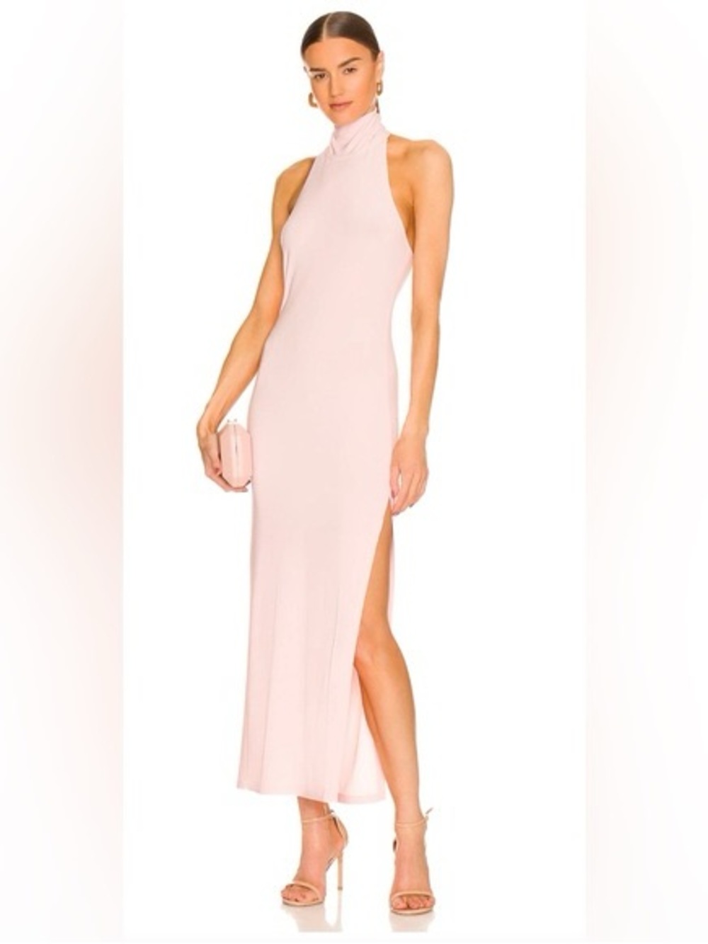 Norma Kamali Halter Turtle Side Slit Maxi Dress Pink Size Small